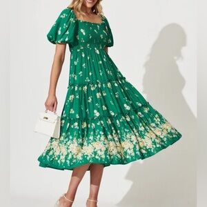 Puff Sleeve Green Midi Dress